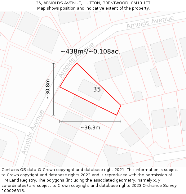 35, ARNOLDS AVENUE, HUTTON, BRENTWOOD, CM13 1ET: Plot and title map