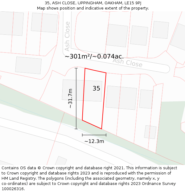 35, ASH CLOSE, UPPINGHAM, OAKHAM, LE15 9PJ: Plot and title map