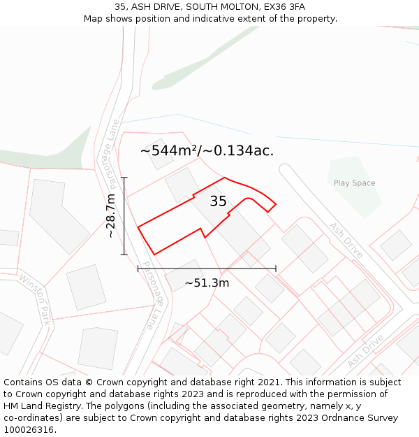 35, ASH DRIVE, SOUTH MOLTON, EX36 3FA: Plot and title map
