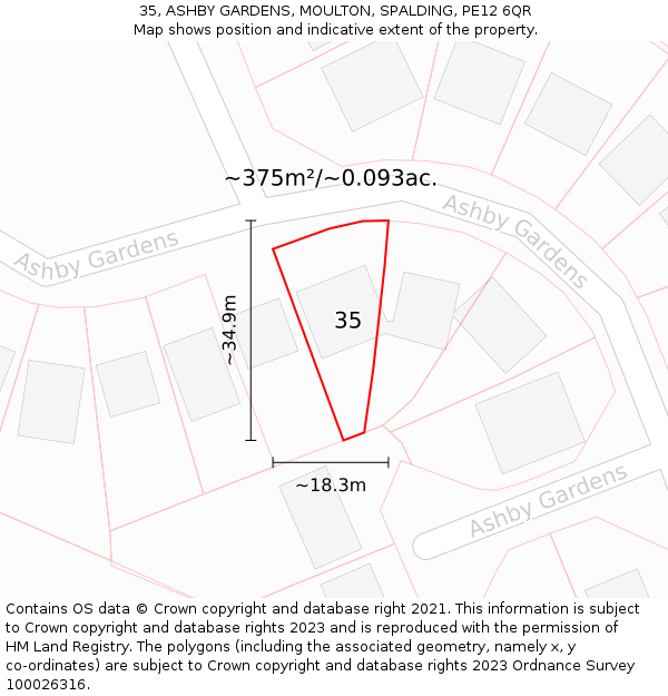35, ASHBY GARDENS, MOULTON, SPALDING, PE12 6QR: Plot and title map