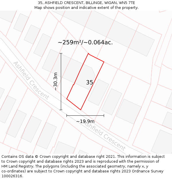 35, ASHFIELD CRESCENT, BILLINGE, WIGAN, WN5 7TE: Plot and title map
