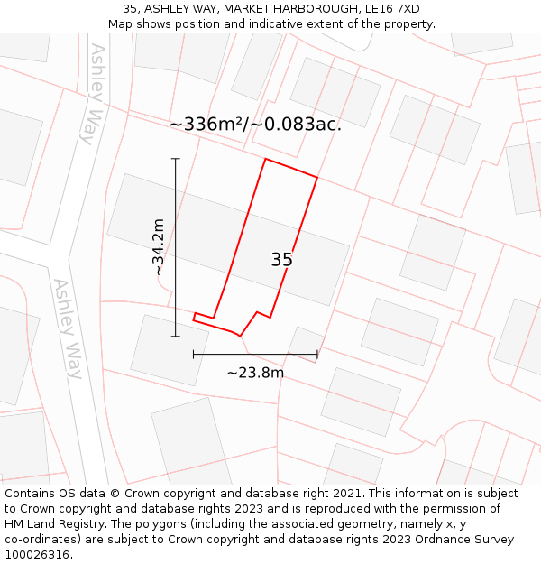 35, ASHLEY WAY, MARKET HARBOROUGH, LE16 7XD: Plot and title map