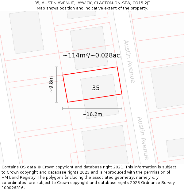 35, AUSTIN AVENUE, JAYWICK, CLACTON-ON-SEA, CO15 2JT: Plot and title map