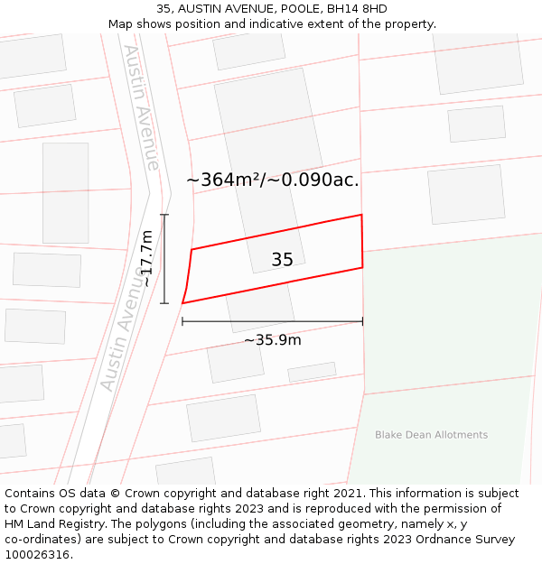 35, AUSTIN AVENUE, POOLE, BH14 8HD: Plot and title map