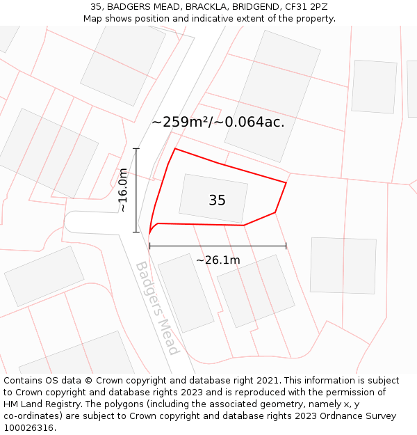 35, BADGERS MEAD, BRACKLA, BRIDGEND, CF31 2PZ: Plot and title map
