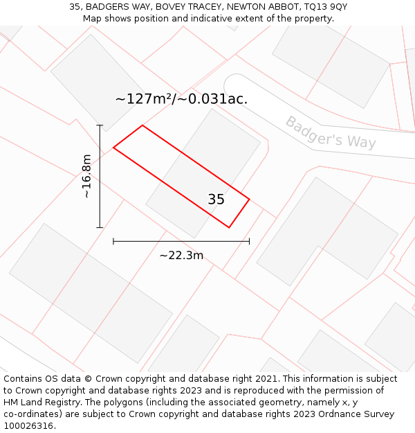 35, BADGERS WAY, BOVEY TRACEY, NEWTON ABBOT, TQ13 9QY: Plot and title map