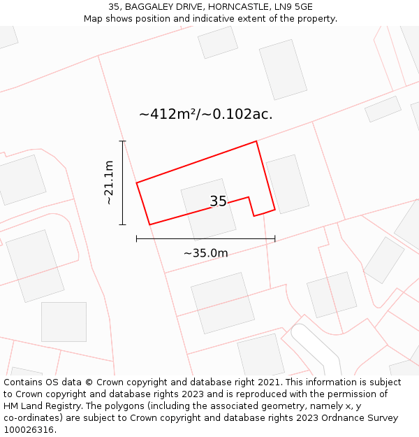 35, BAGGALEY DRIVE, HORNCASTLE, LN9 5GE: Plot and title map