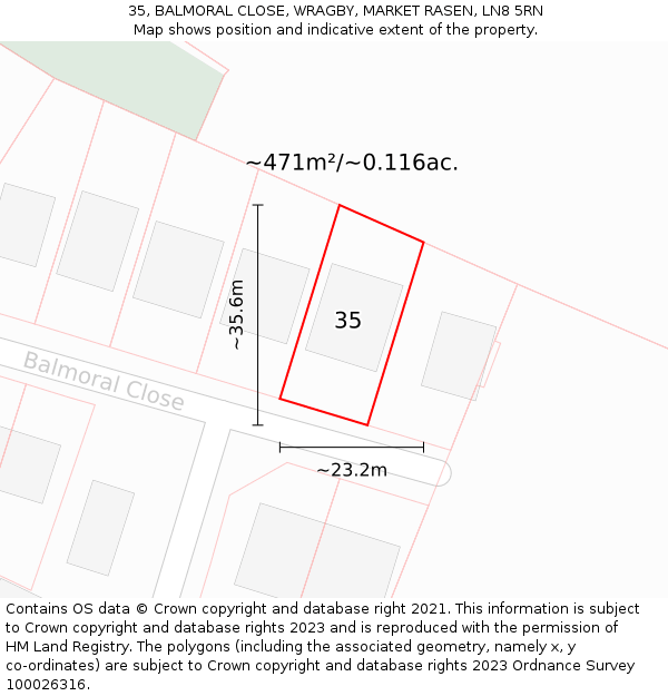 35, BALMORAL CLOSE, WRAGBY, MARKET RASEN, LN8 5RN: Plot and title map