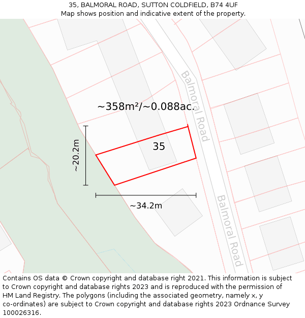 35, BALMORAL ROAD, SUTTON COLDFIELD, B74 4UF: Plot and title map