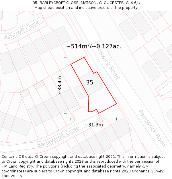 35, BARLEYCROFT CLOSE, MATSON, GLOUCESTER, GL4 6JU: Plot and title map