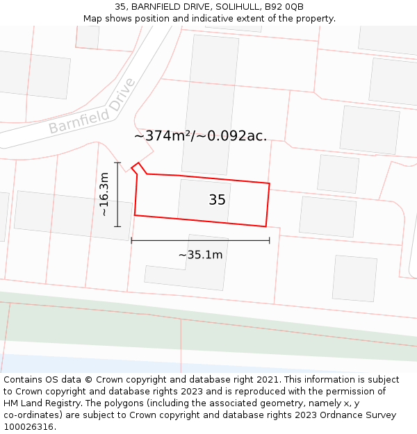 35, BARNFIELD DRIVE, SOLIHULL, B92 0QB: Plot and title map