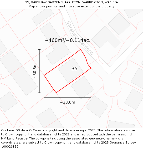 35, BARSHAW GARDENS, APPLETON, WARRINGTON, WA4 5FA: Plot and title map