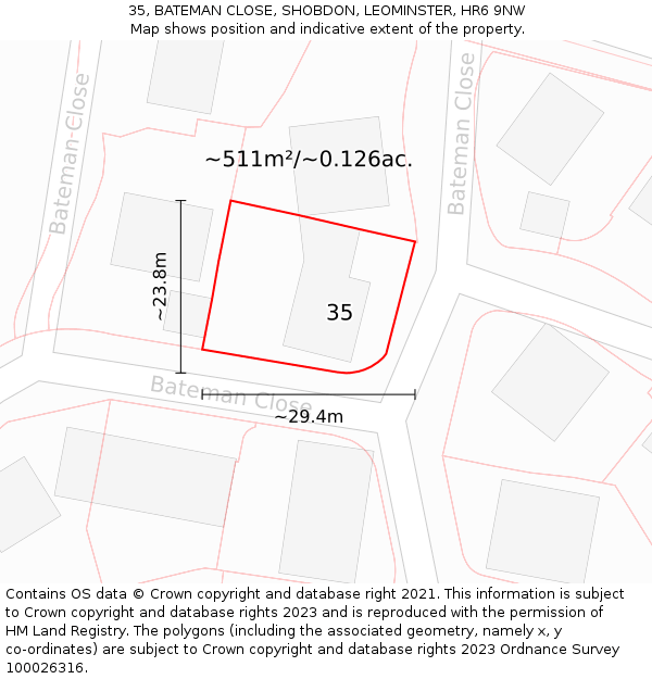 35, BATEMAN CLOSE, SHOBDON, LEOMINSTER, HR6 9NW: Plot and title map