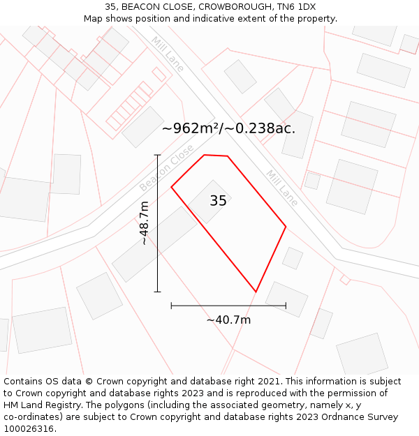 35, BEACON CLOSE, CROWBOROUGH, TN6 1DX: Plot and title map