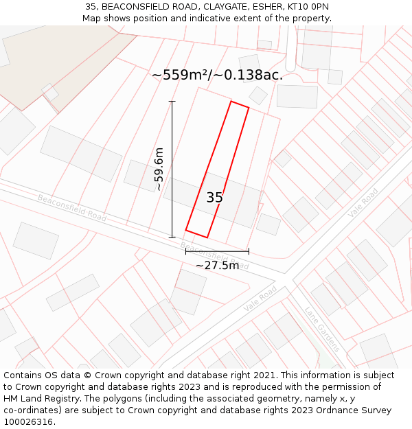 35, BEACONSFIELD ROAD, CLAYGATE, ESHER, KT10 0PN: Plot and title map