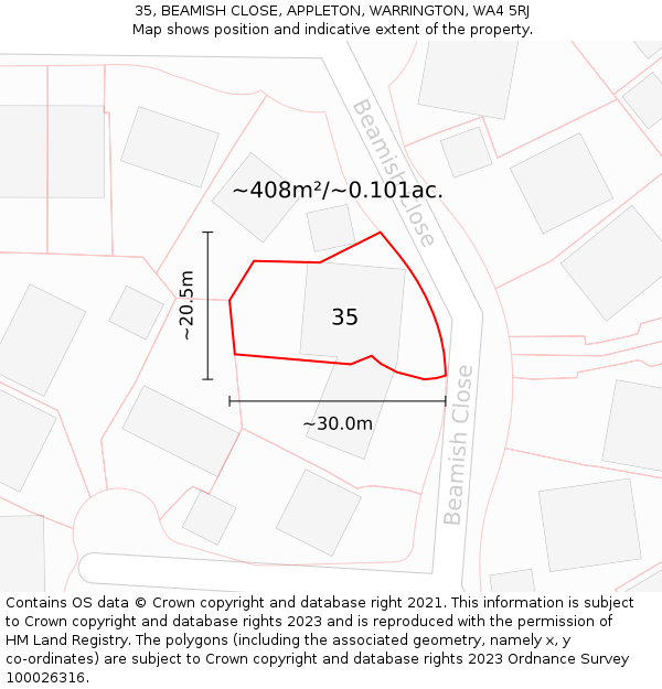 35, BEAMISH CLOSE, APPLETON, WARRINGTON, WA4 5RJ: Plot and title map