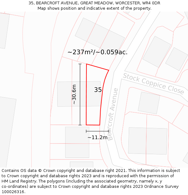 35, BEARCROFT AVENUE, GREAT MEADOW, WORCESTER, WR4 0DR: Plot and title map