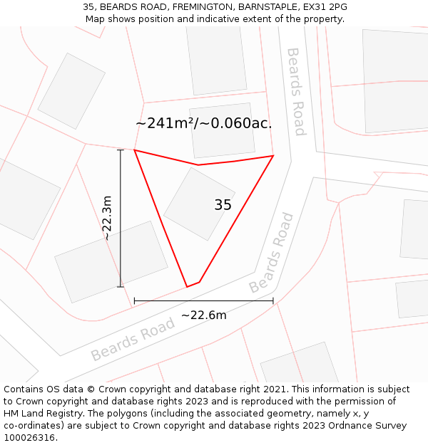 35, BEARDS ROAD, FREMINGTON, BARNSTAPLE, EX31 2PG: Plot and title map