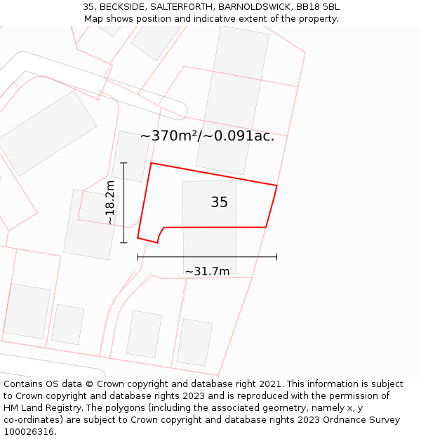 35, BECKSIDE, SALTERFORTH, BARNOLDSWICK, BB18 5BL: Plot and title map