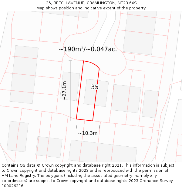 35, BEECH AVENUE, CRAMLINGTON, NE23 6XS: Plot and title map