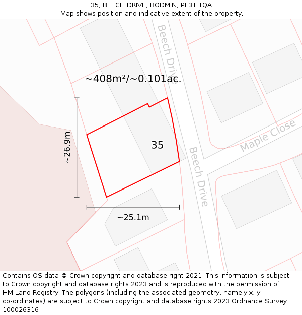 35, BEECH DRIVE, BODMIN, PL31 1QA: Plot and title map