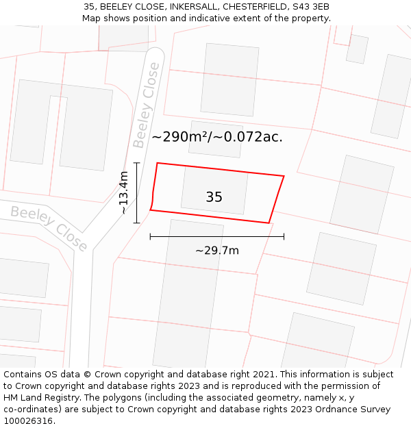 35, BEELEY CLOSE, INKERSALL, CHESTERFIELD, S43 3EB: Plot and title map