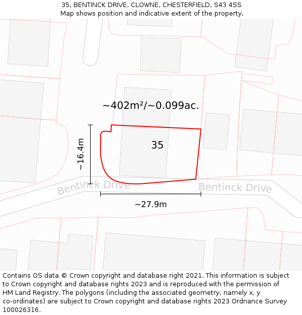 35, BENTINCK DRIVE, CLOWNE, CHESTERFIELD, S43 4SS: Plot and title map
