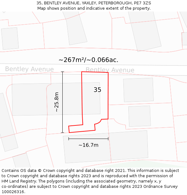 35, BENTLEY AVENUE, YAXLEY, PETERBOROUGH, PE7 3ZS: Plot and title map