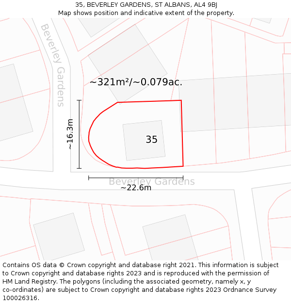 35, BEVERLEY GARDENS, ST ALBANS, AL4 9BJ: Plot and title map