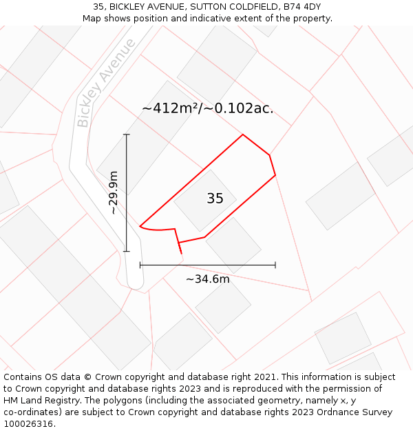 35, BICKLEY AVENUE, SUTTON COLDFIELD, B74 4DY: Plot and title map