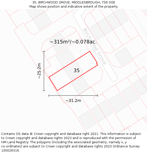 35, BIRCHWOOD GROVE, MIDDLESBROUGH, TS6 0GE: Plot and title map