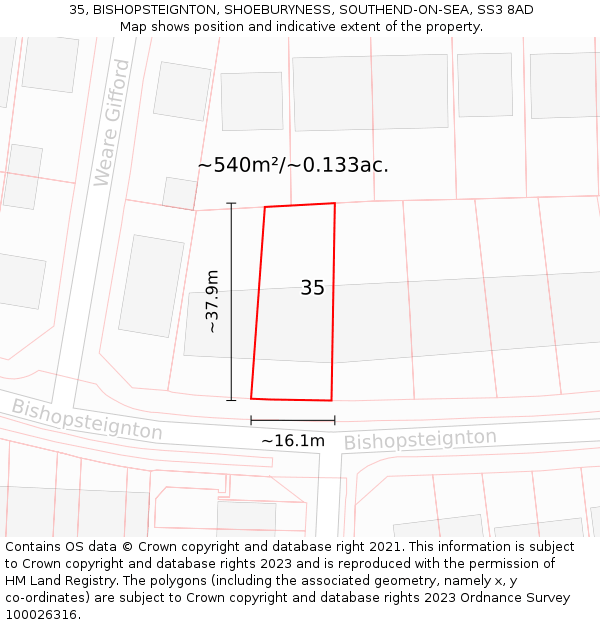35, BISHOPSTEIGNTON, SHOEBURYNESS, SOUTHEND-ON-SEA, SS3 8AD: Plot and title map