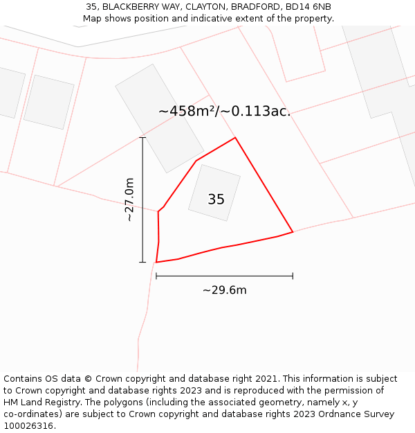 35, BLACKBERRY WAY, CLAYTON, BRADFORD, BD14 6NB: Plot and title map