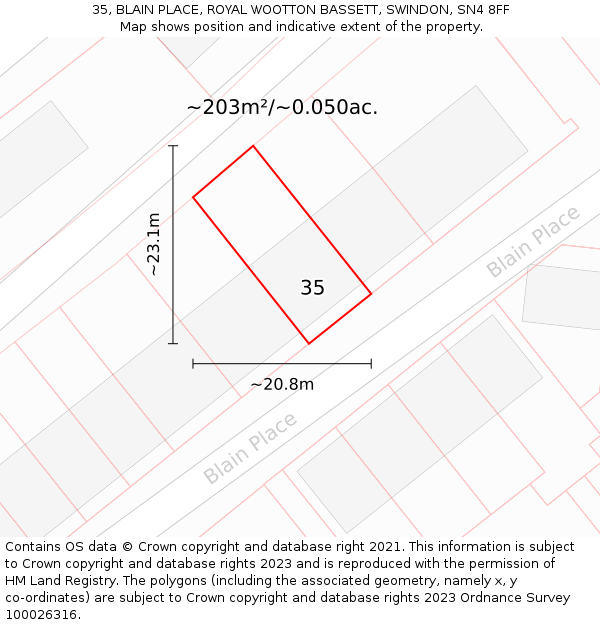 35, BLAIN PLACE, ROYAL WOOTTON BASSETT, SWINDON, SN4 8FF: Plot and title map