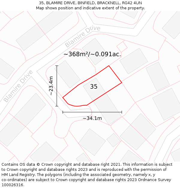 35, BLAMIRE DRIVE, BINFIELD, BRACKNELL, RG42 4UN: Plot and title map