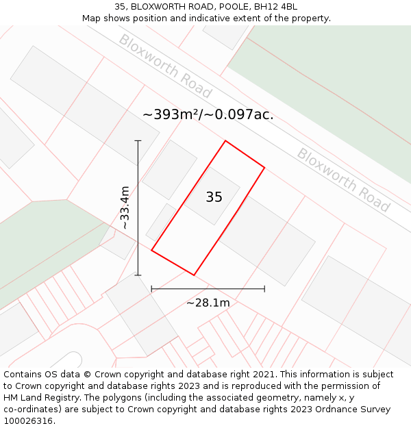 35, BLOXWORTH ROAD, POOLE, BH12 4BL: Plot and title map
