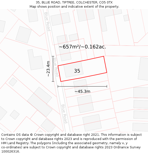 35, BLUE ROAD, TIPTREE, COLCHESTER, CO5 0TX: Plot and title map