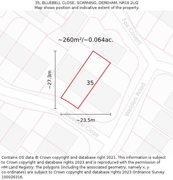 35, BLUEBELL CLOSE, SCARNING, DEREHAM, NR19 2UQ: Plot and title map