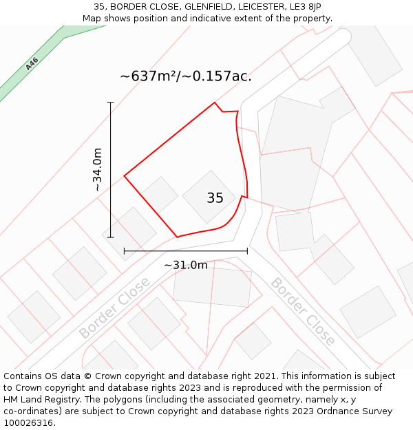 35, BORDER CLOSE, GLENFIELD, LEICESTER, LE3 8JP: Plot and title map