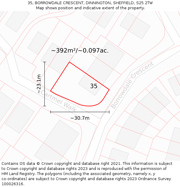 35, BORROWDALE CRESCENT, DINNINGTON, SHEFFIELD, S25 2TW: Plot and title map
