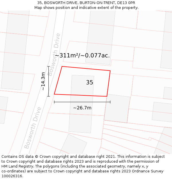 35, BOSWORTH DRIVE, BURTON-ON-TRENT, DE13 0PR: Plot and title map