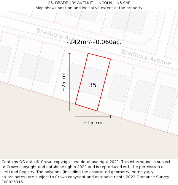 35, BRADBURY AVENUE, LINCOLN, LN5 9AP: Plot and title map