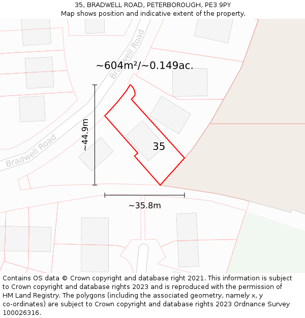 35, BRADWELL ROAD, PETERBOROUGH, PE3 9PY: Plot and title map
