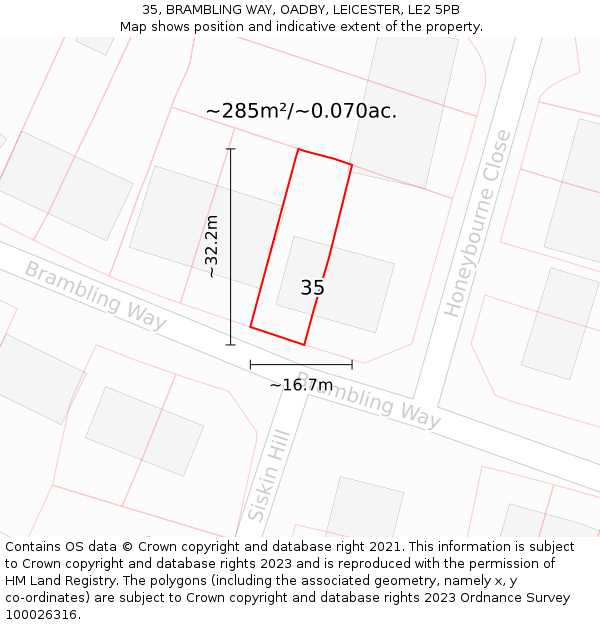 35, BRAMBLING WAY, OADBY, LEICESTER, LE2 5PB: Plot and title map