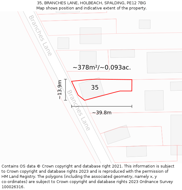 35, BRANCHES LANE, HOLBEACH, SPALDING, PE12 7BG: Plot and title map
