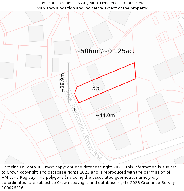 35, BRECON RISE, PANT, MERTHYR TYDFIL, CF48 2BW: Plot and title map