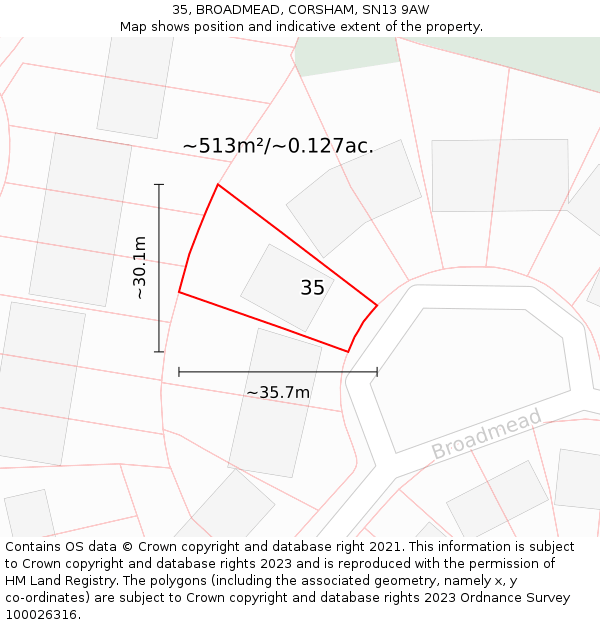 35, BROADMEAD, CORSHAM, SN13 9AW: Plot and title map