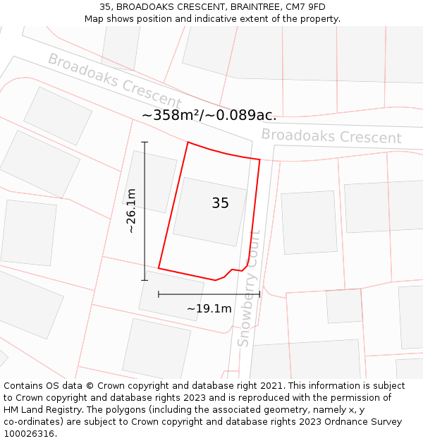 35, BROADOAKS CRESCENT, BRAINTREE, CM7 9FD: Plot and title map