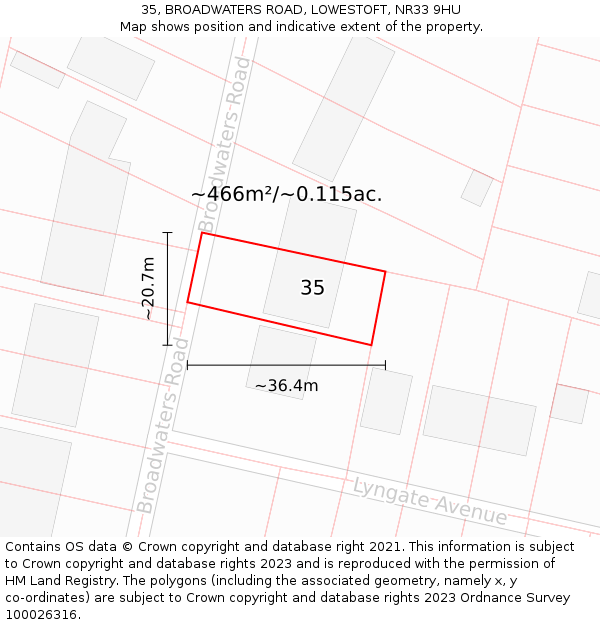 35, BROADWATERS ROAD, LOWESTOFT, NR33 9HU: Plot and title map