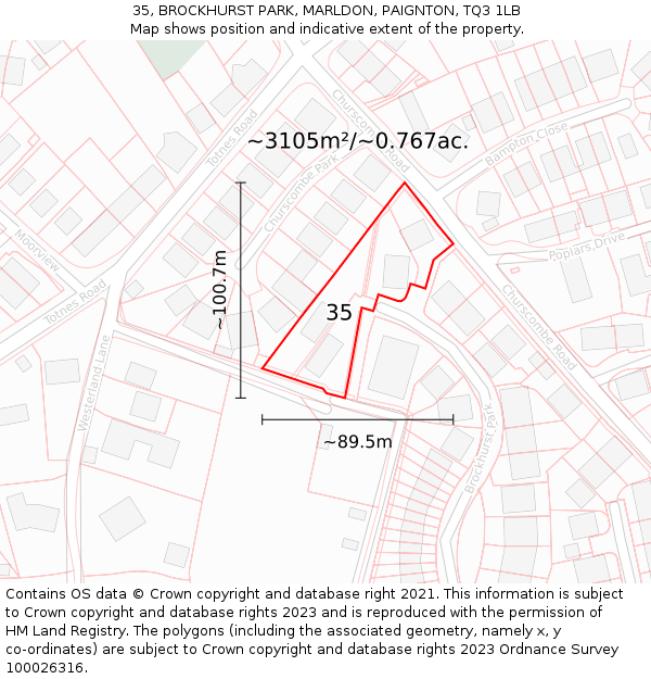 35, BROCKHURST PARK, MARLDON, PAIGNTON, TQ3 1LB: Plot and title map